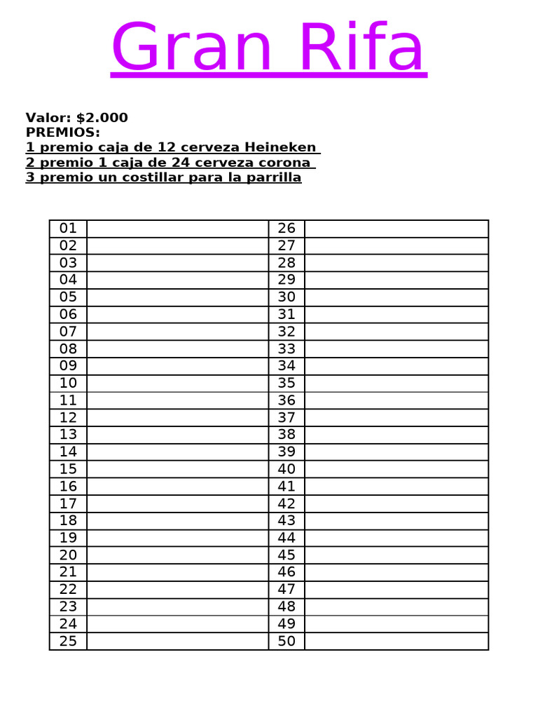 Plantilla Rifa 50 Números Para Imprimir Pdf 