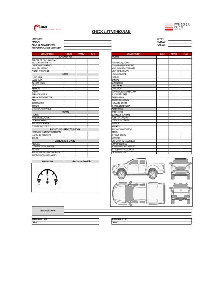 Check List Vehicular para Taller | PDF | Vehículos con tracción trasera ...
