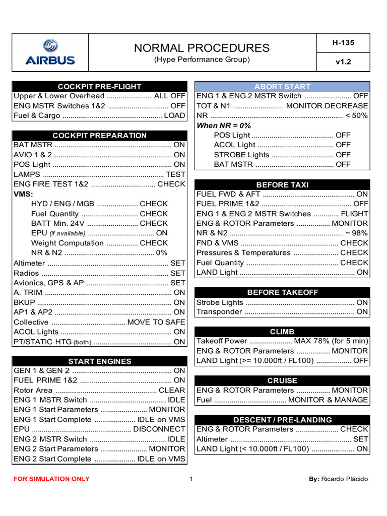 Checklist Airbus H-135 v1.2 | PDF | Transport Safety | Transport