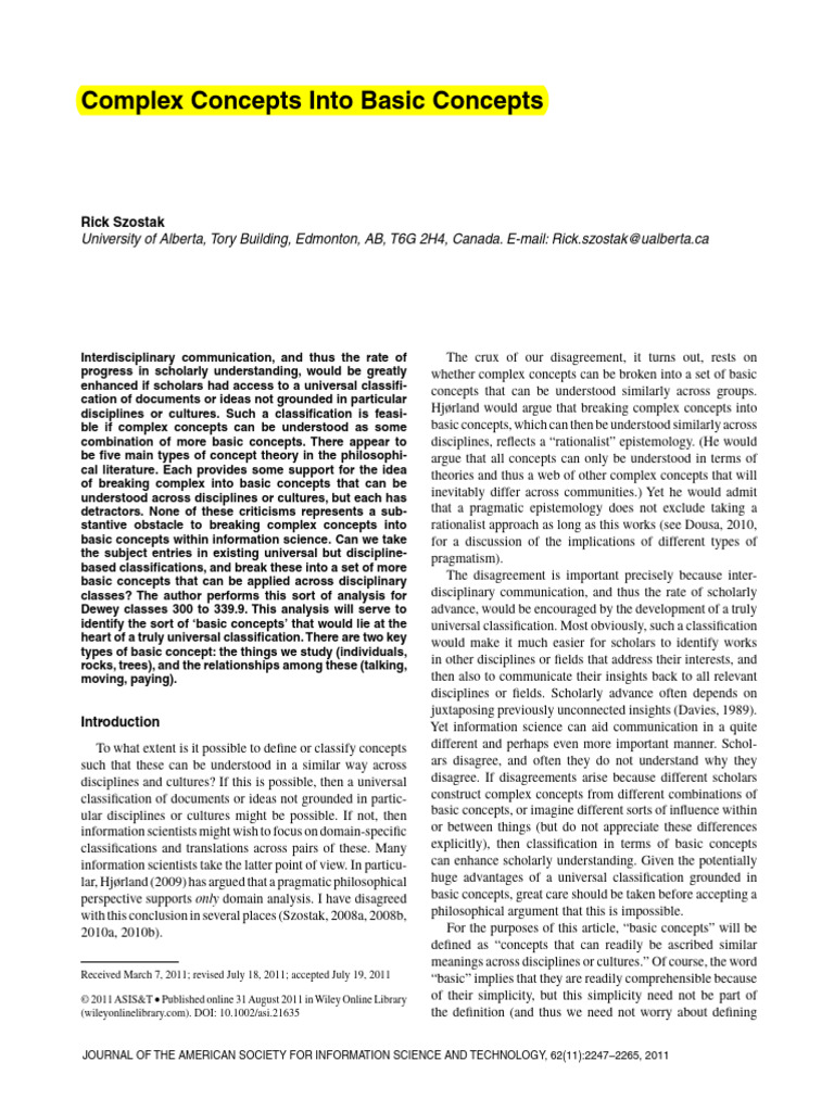 Szostak, R ComplexConceptsIntoBasicConcepts (2011) | PDF | Concept | Theory