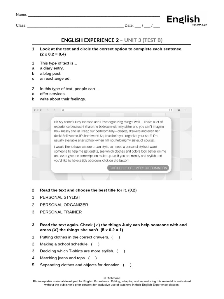 Tests Unit3 B Vol2a Ef2 2 Pdf Cognition Human Communication