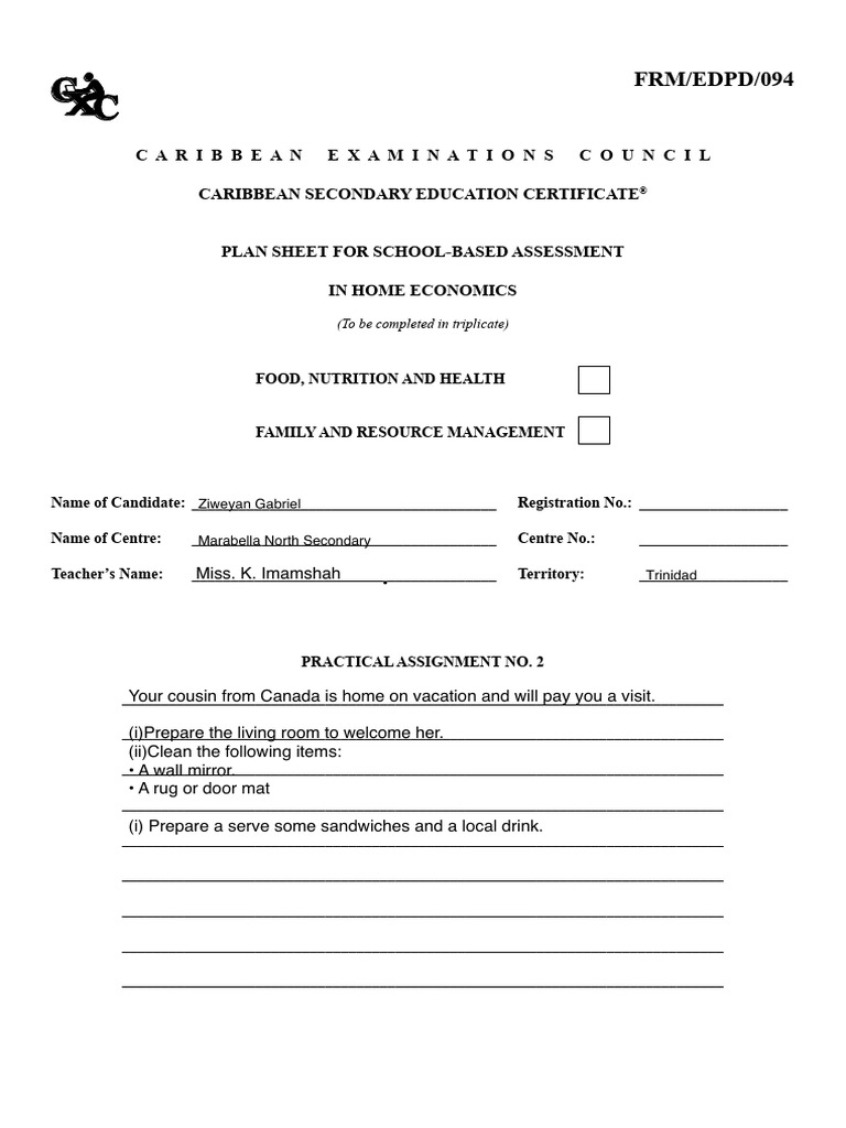 CSEC Fam Res Man Plan Sheet HE-5 | PDF | Cooking | Cuisine