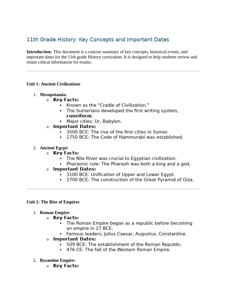 11th Grade History Key Concepts & Dates | PDF