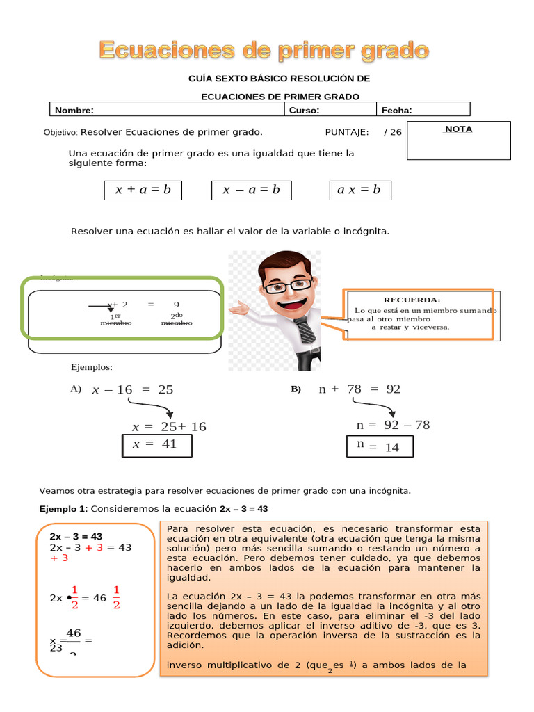 Guía para Resolver Ecuaciones de Primer Grado | PDF | Ecuaciones ...