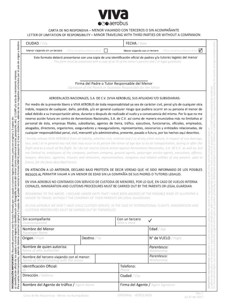 Carta Responsiva para Viajar Menores | PDF | Aviación Civil | aerolíneas