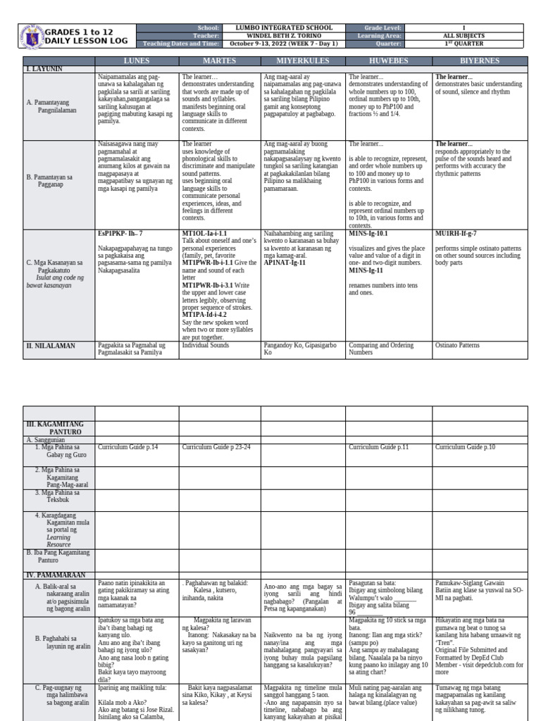 DLL-All Subjects - Week 7 Day 1 | PDF
