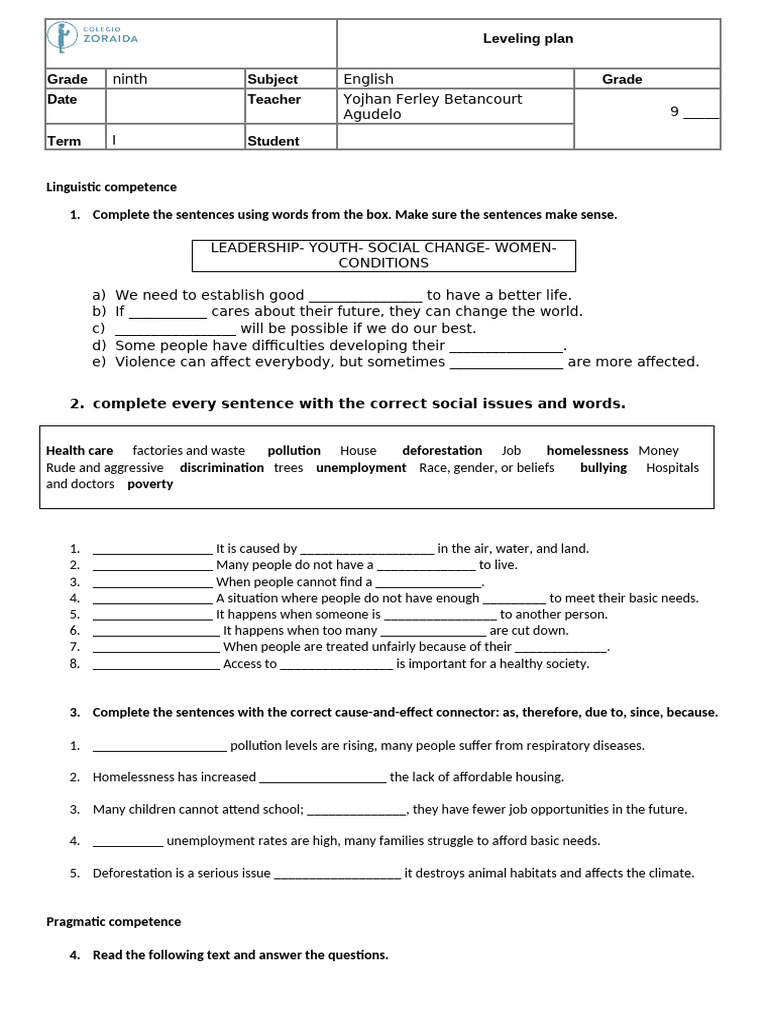 Leveling Plan First Term Ninth Grade | PDF | Homelessness | Social Policy