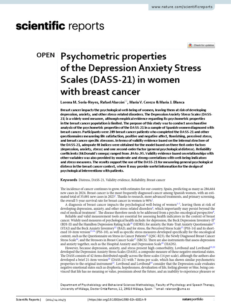 Psychometric Properties of The Depression Anxiety Stress Scales (DASS ...