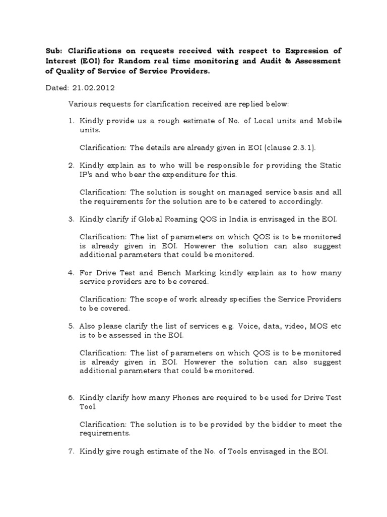EOI Clarifications for QoS Monitoring | PDF | Internet Service Provider ...