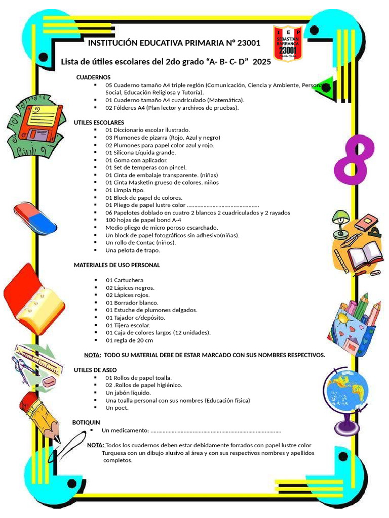 Útiles Escolares 2do Grado 2025 | PDF
