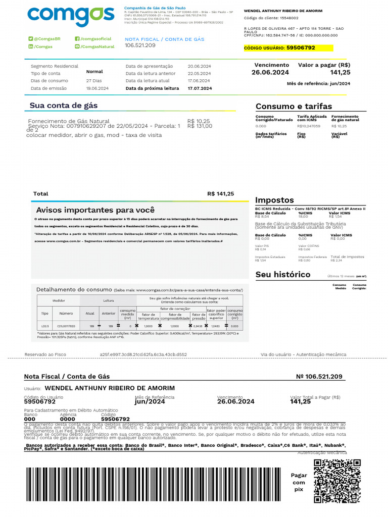 Conta de Gás - Junho 2024 | PDF | Bancos | Serviços financeiros
