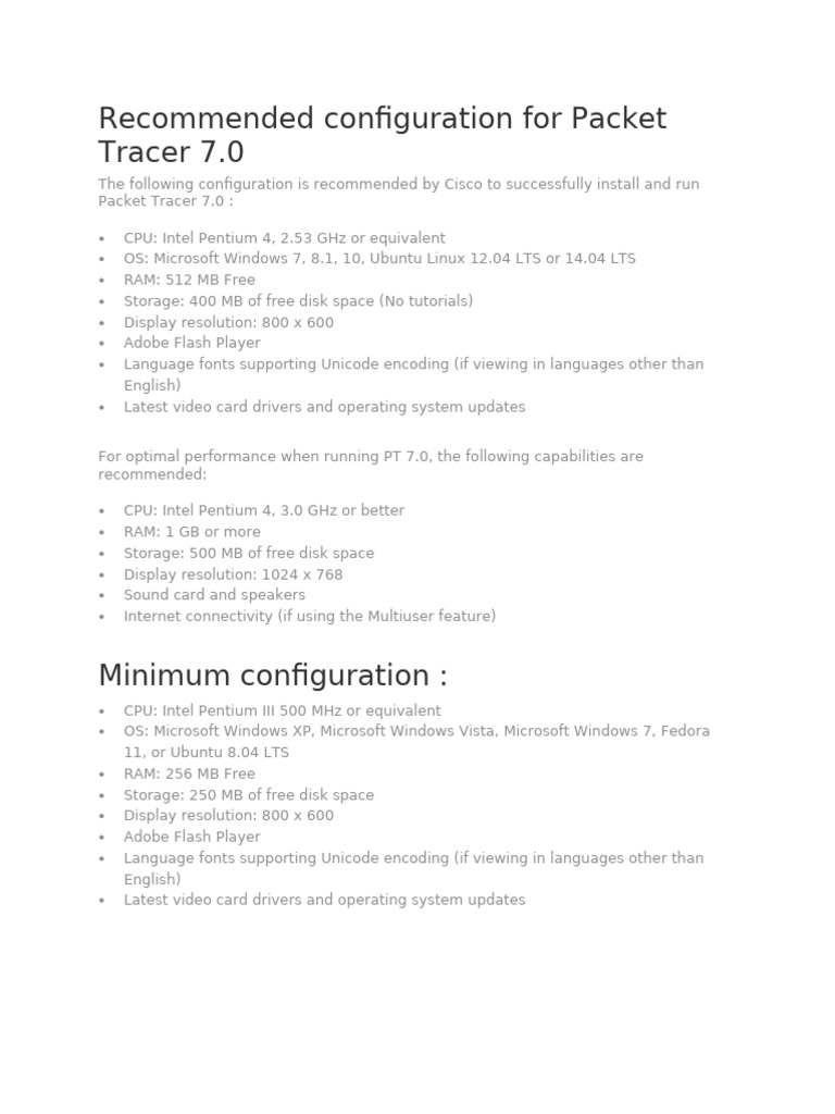 Packet Tracer 7.0 System Requirements | PDF
