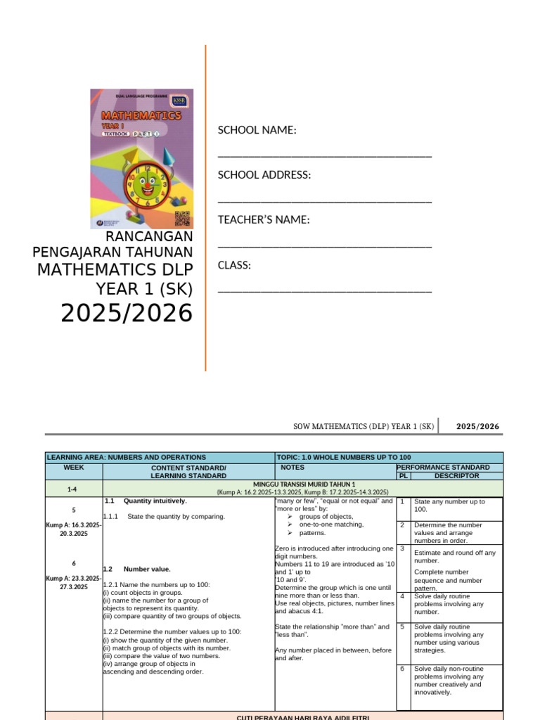 RPT Math DLP Year 1 (SK) 2025-2026 by Rozayus Academy (Kump A) | PDF ...