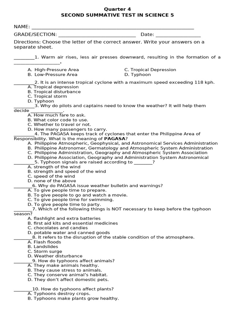 Q4 Science 5 Summative Test on Weather | PDF | Tropical Cyclones | Flood
