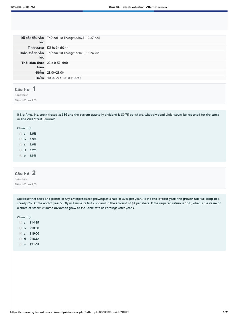 Stock Valuation Quiz Review | PDF | Stocks | Preferred Stock