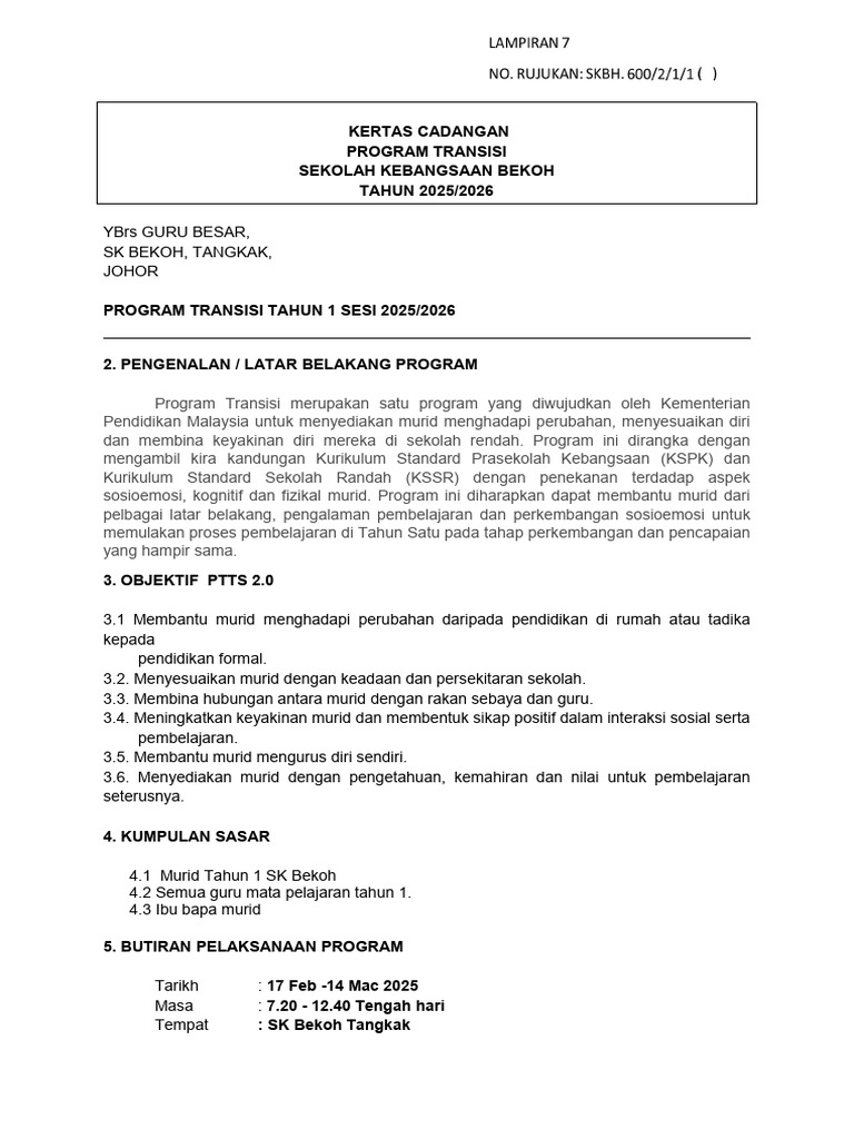 Kertas Kerja Program Transisi Tahun 1 2025 | PDF