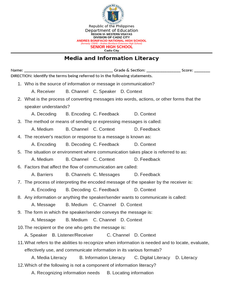 Media and Information Literacy Quiz | PDF | Information Literacy | Mass ...