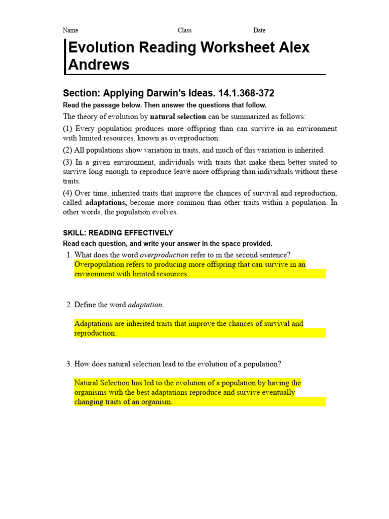 Evolution Concepts and Worksheets | PDF | Evolution | Natural Selection