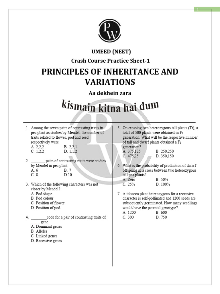 NEET Crash Course: Inheritance Practice Sheet | PDF | Dominance ...