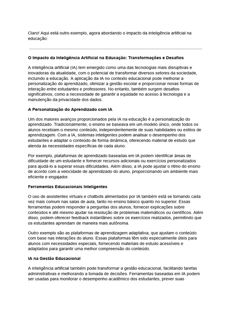 IA na Educação: Benefícios e Desafios | PDF | Inteligência artificial ...