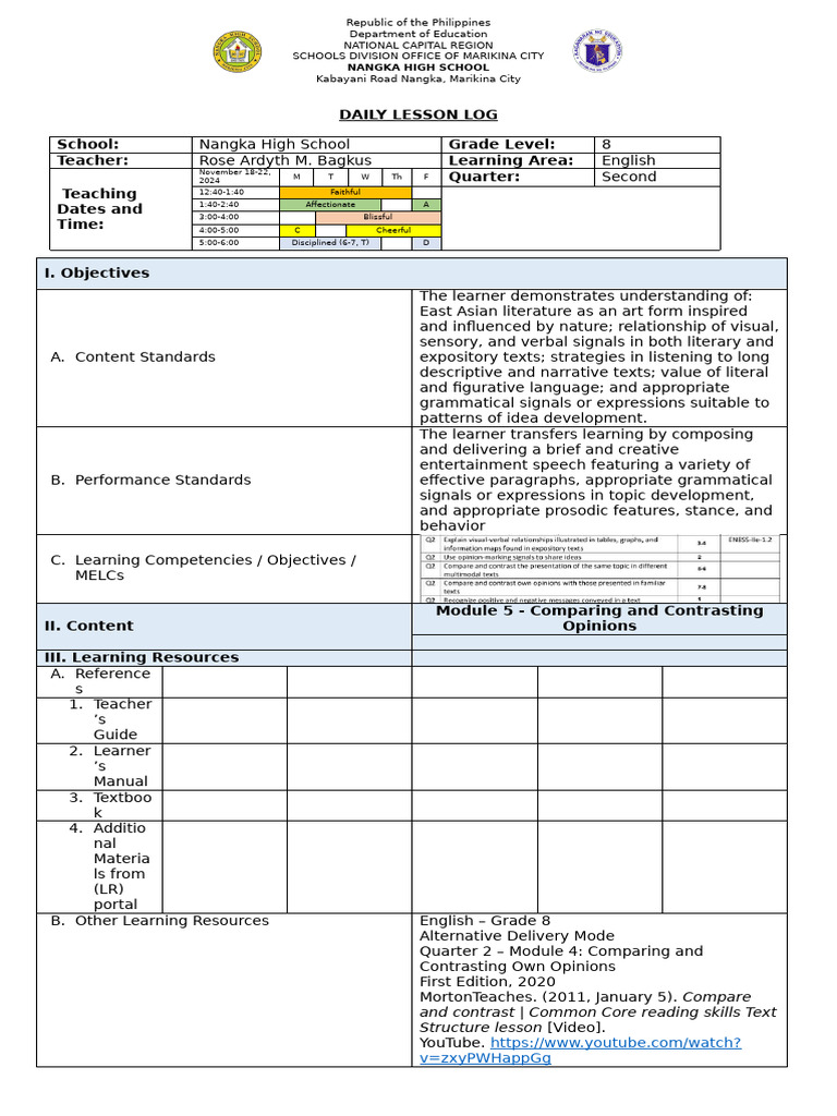 Grade 8 English Daily Lesson Log | PDF | Learning | English Language