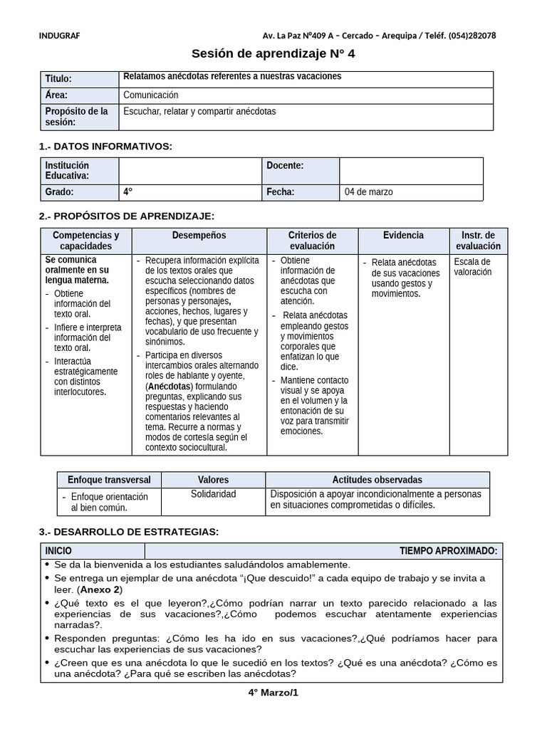 4° Grado - Sesiones Del 04 de Marzo | PDF | Evaluación | Aprendizaje