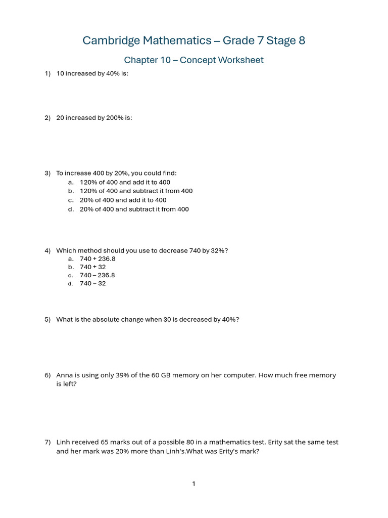 Grade 7 Percentage Change Worksheet | PDF | Percentage | Numbers