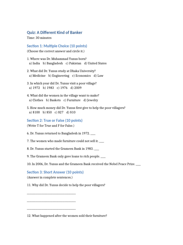 Quiz A Different Kind of Banker | PDF