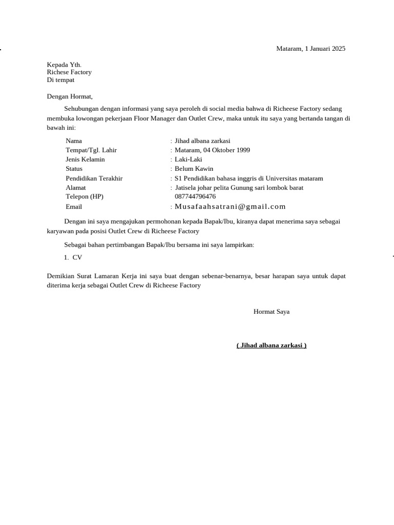 Lamaran Kerja Outlet Crew Richeese Factory | PDF