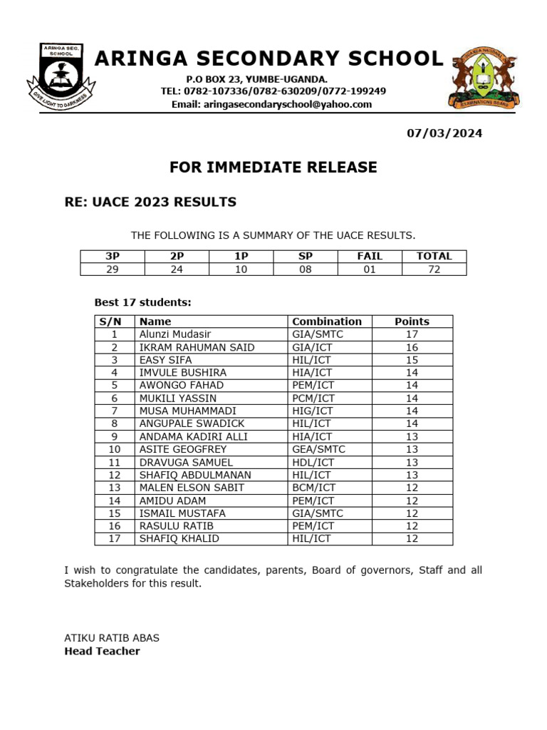 UACE 2023 Results Summary for Aringa SS | PDF