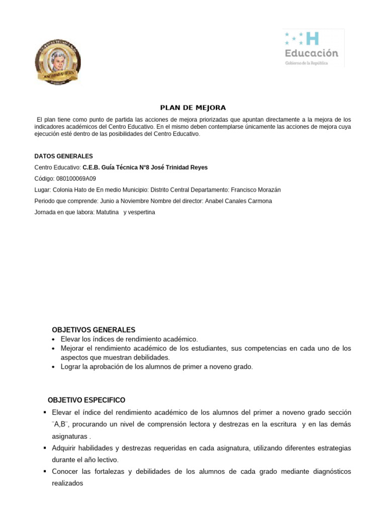 Plan de Mejora Académica 2024 | PDF | Comprensión lectora | Educación ...