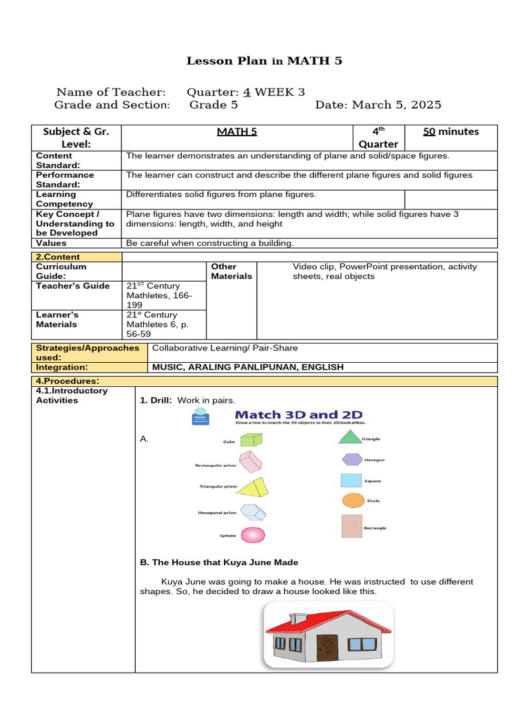 Grade 5 Math Lesson: Plane vs. Solid Figures | PDF | Shape | Area