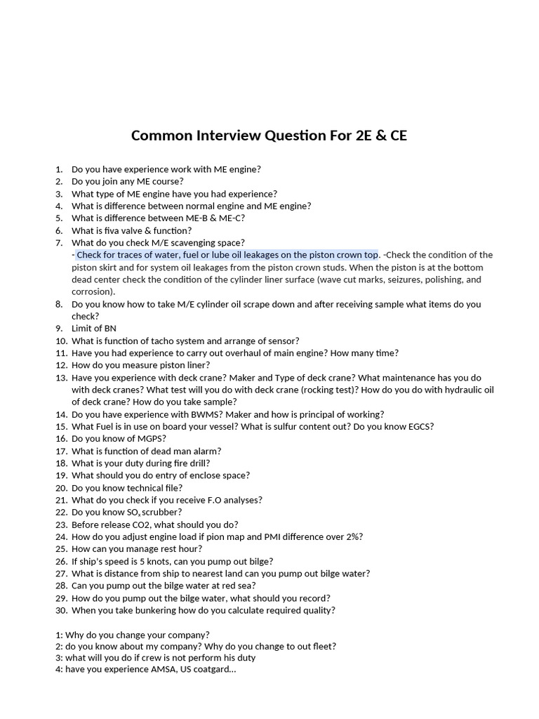 5. Interview question for CE, 2E - Copy | PDF | Piston | Engines