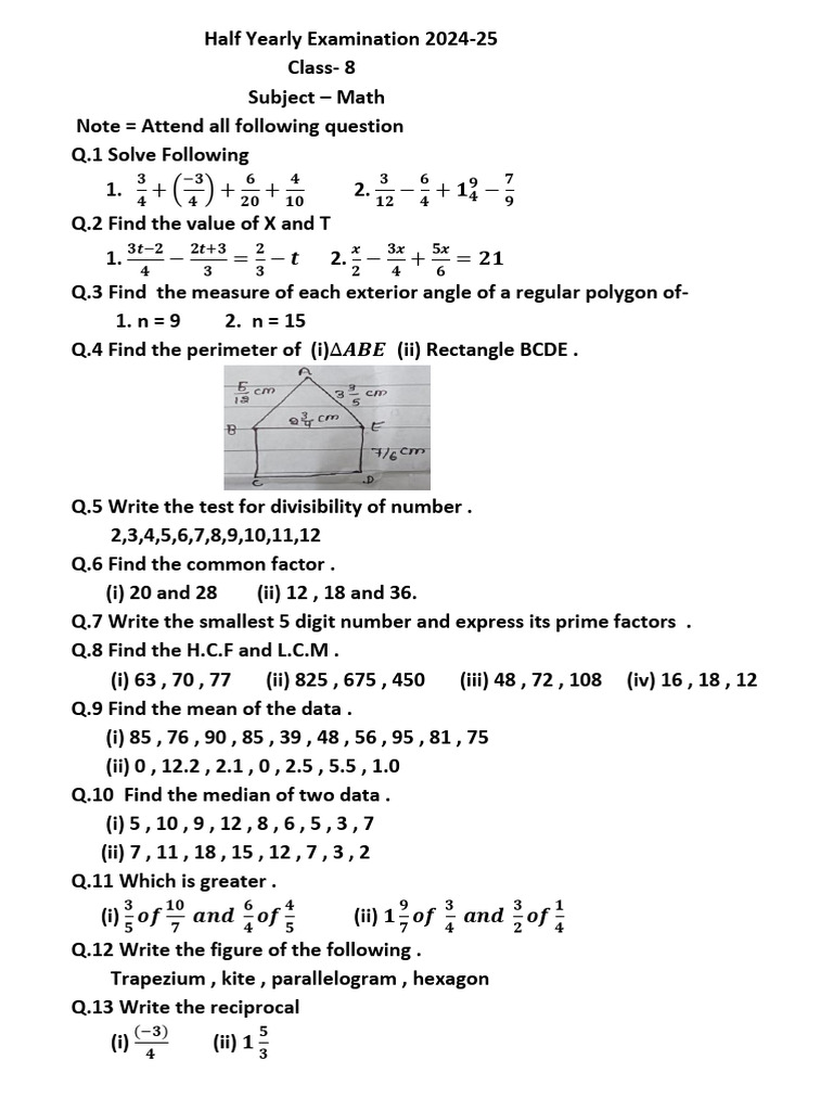 Class 8 Math Half Yearly Exam 2024-25 | PDF