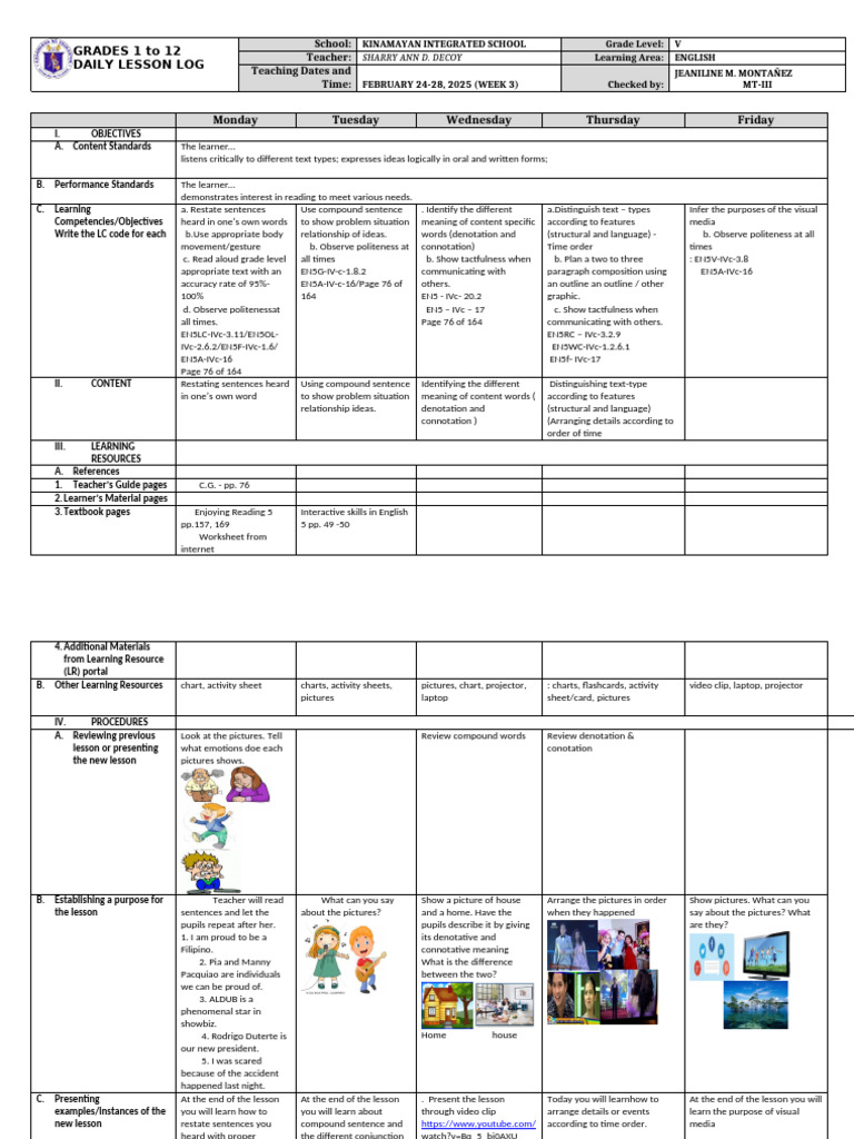 Grade 5 English Daily Lesson Log | PDF | Reading Comprehension