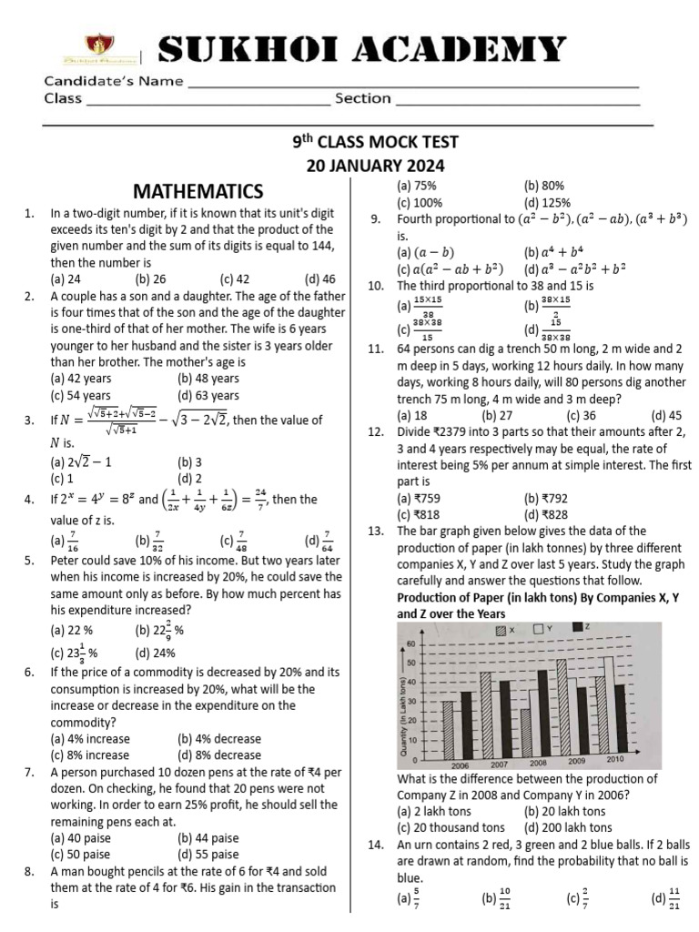 9th Class Mathematics Mock Test 2024 | PDF | Rectangle