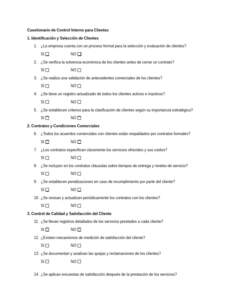 Cuestionario de Control Interno para Clientes y Proveedores | PDF ...
