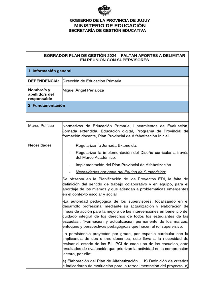 Plan de Gestión Educativa Jujuy 2024 | PDF | Educación primaria ...