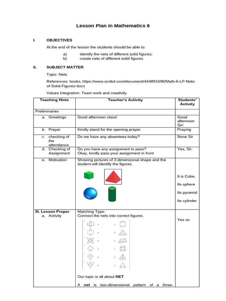 Mathematics Lesson Plan: Nets of Solids | PDF | Shape | Polytopes