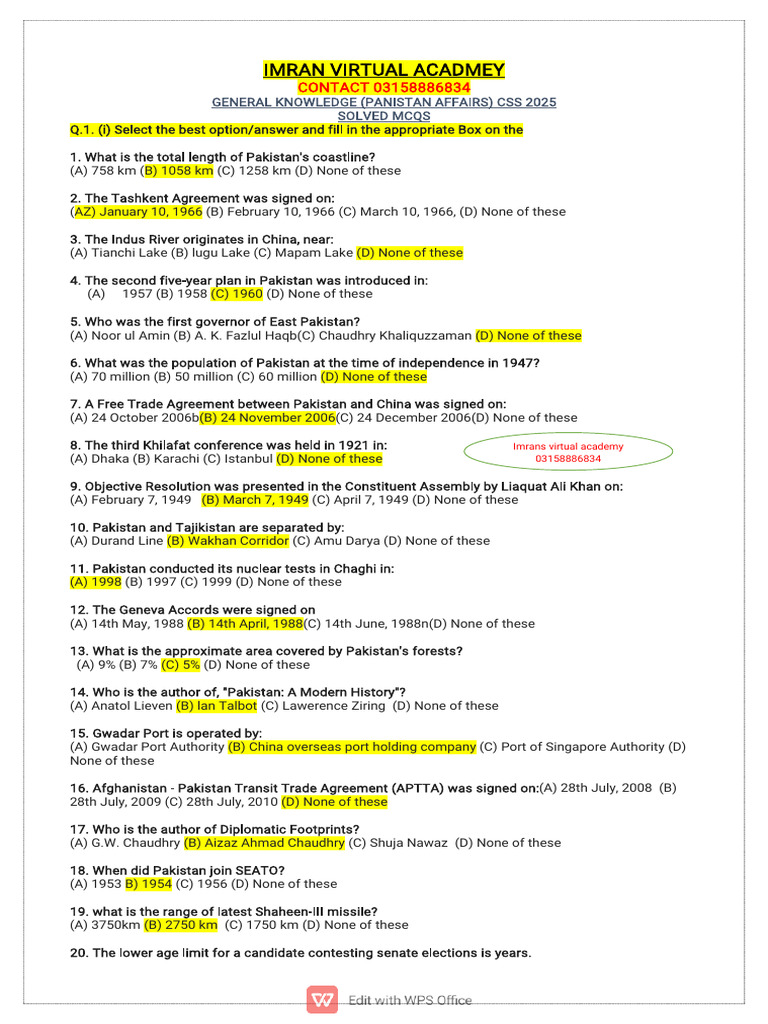 CSS 2025 Pakistan Affairs MCQs | PDF | Pakistan | Government Of Pakistan