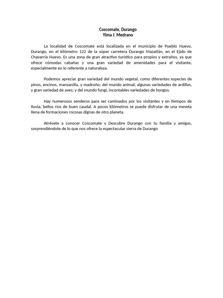 Descubre Coscomate, Durango: Naturaleza y Cabañas | PDF