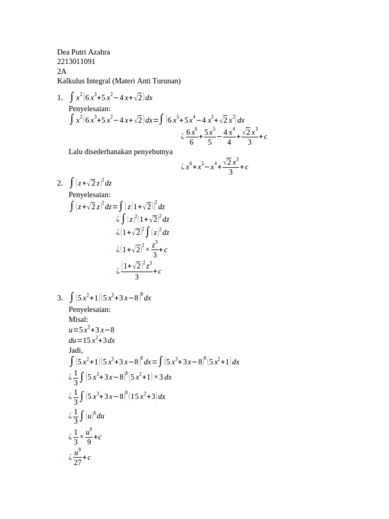 Penyelesaian Kalkulus Integral Dasar | PDF