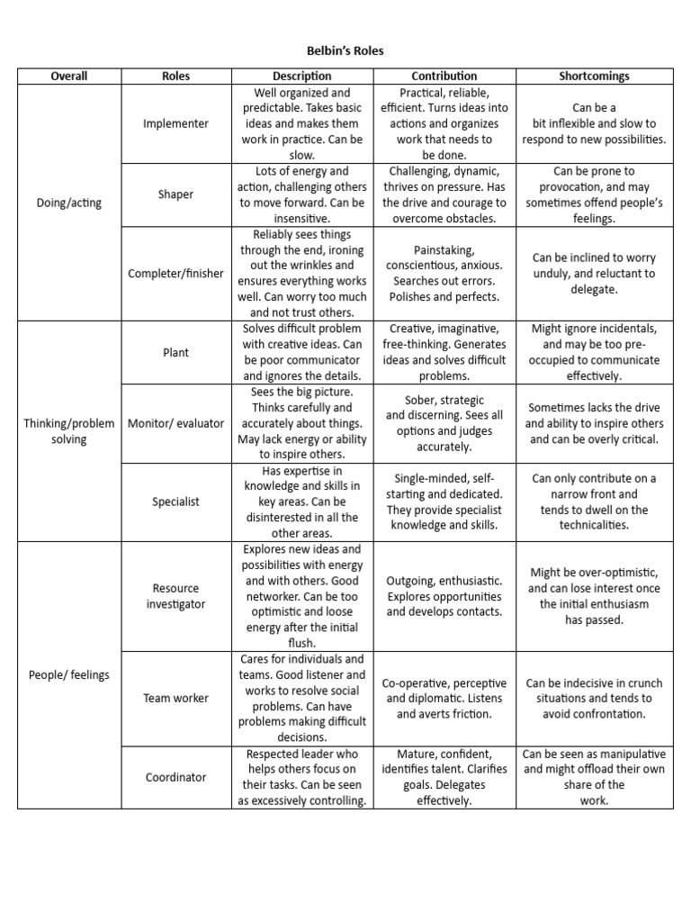Belbin Debrief | PDF | Cognition | Psychology
