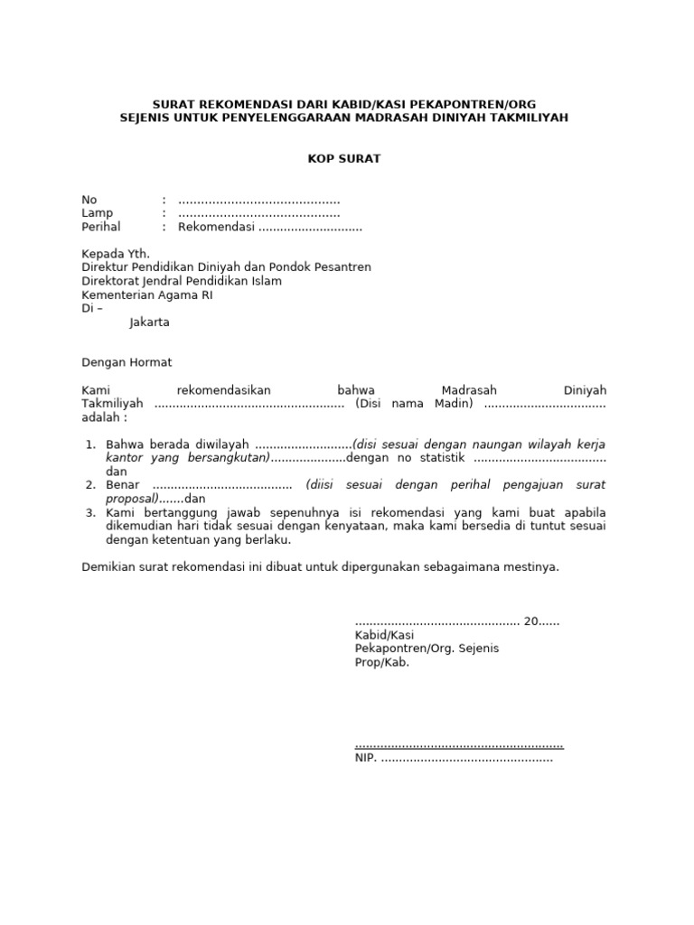 Template Surat Rekomendasi | PDF