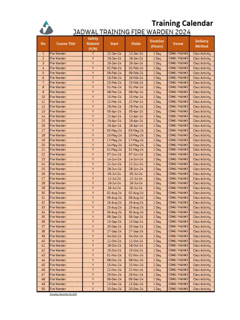 2024 Fire Warden Training Schedule | PDF | Firefighting | Fires