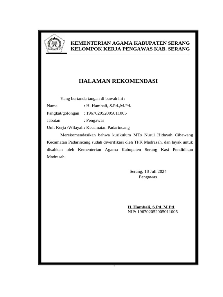 Rekomendasi Kurikulum MTs Nurul Hidayah | PDF