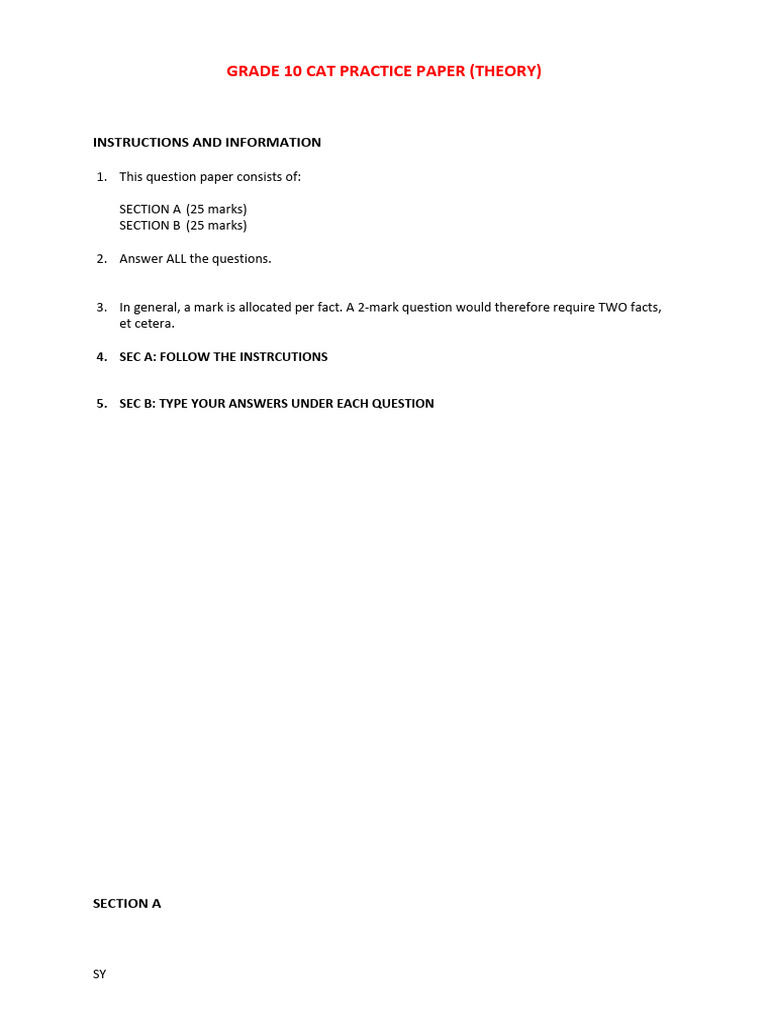 Grade 10 CAT Theory Exam Practice | PDF | Laptop | Computer Hardware