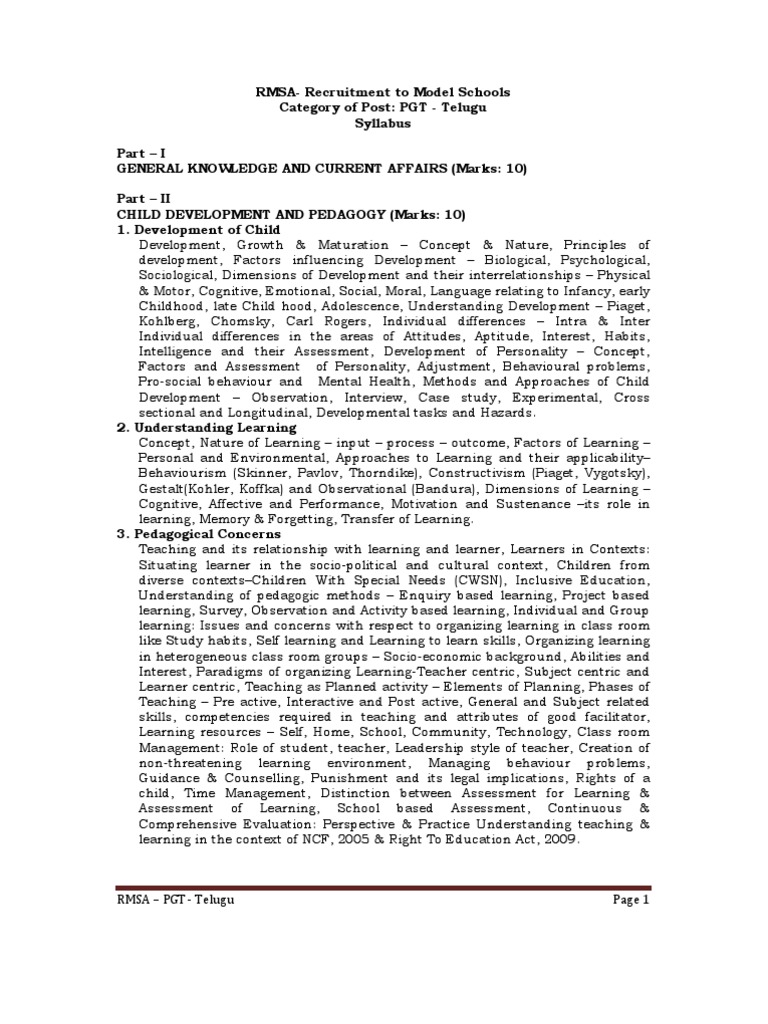 Recruitment Examination for Post Graduate Teacher in Telugu Syllabus