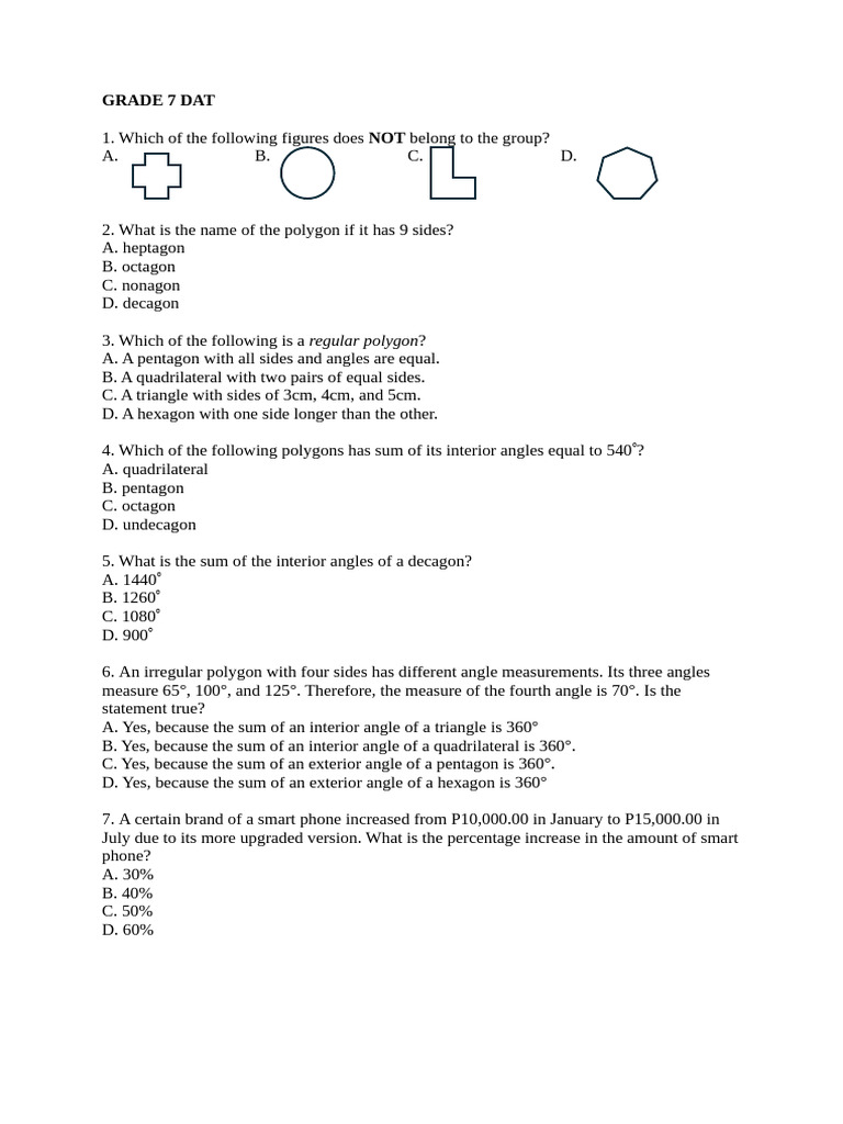 DAT-GRADE-7-MATHEMATICS-QUESTIONS | PDF | Volume | Rectangle