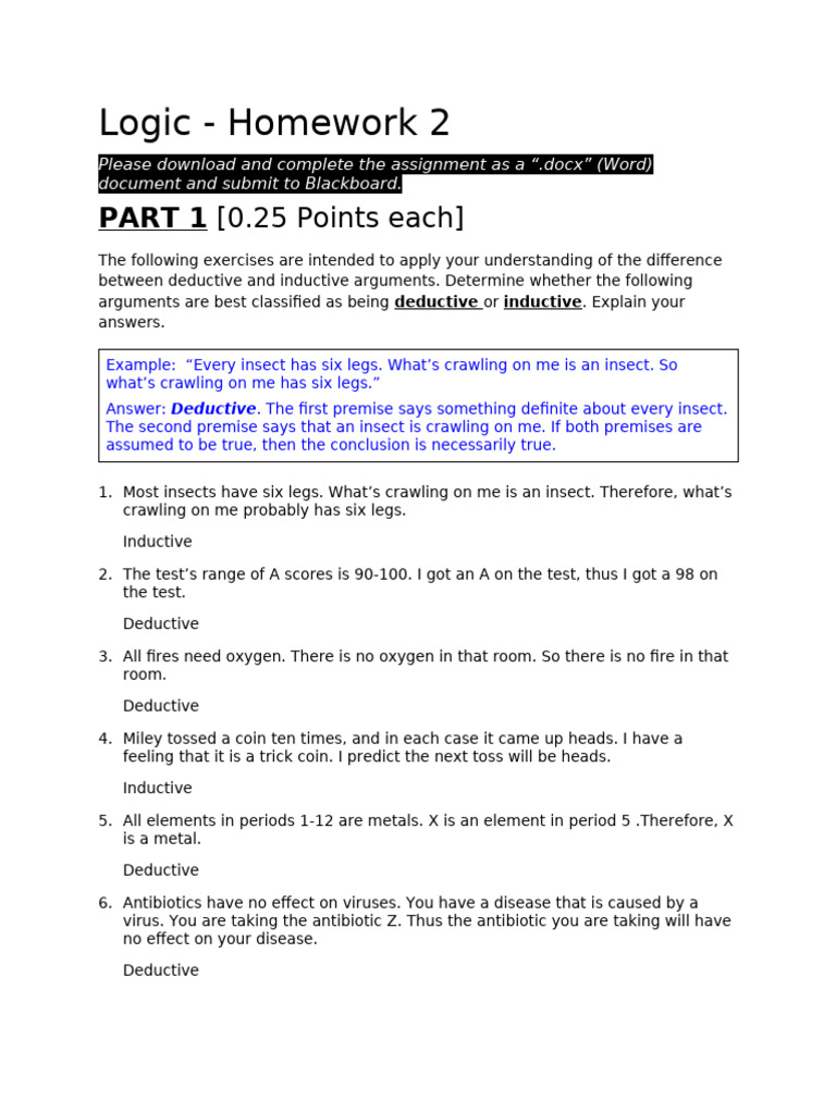 Logic Homework: Deductive vs Inductive Arguments | PDF | Inductive ...